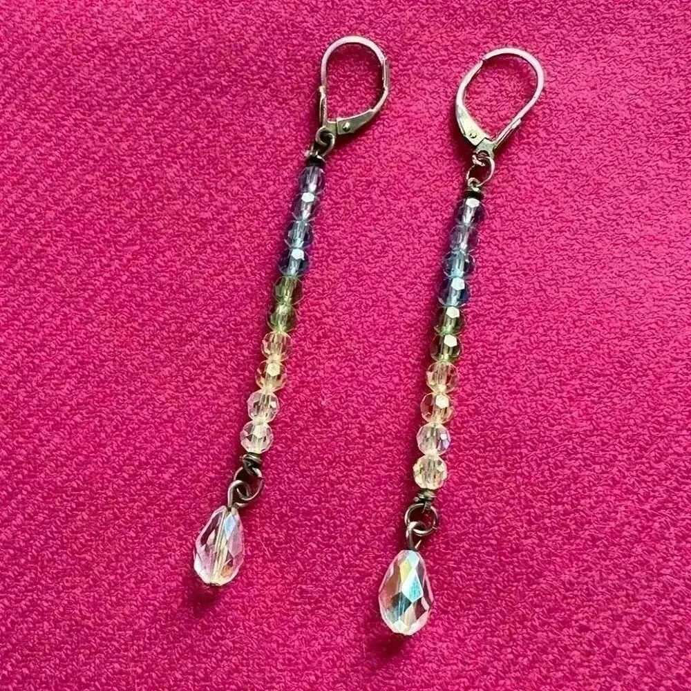Blue, Green, White Long Drop Crystal Earrnings - Picture 4 of 5